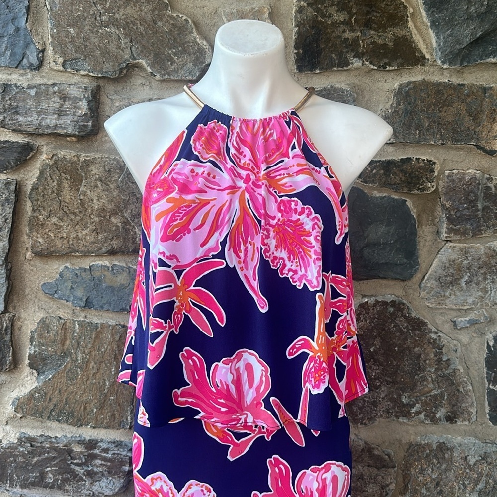 Lilly Pulitzer 'Lucia' Dress in Bright Navy Via Sunny Engineered Floral Size XS - Picture 4 of 9